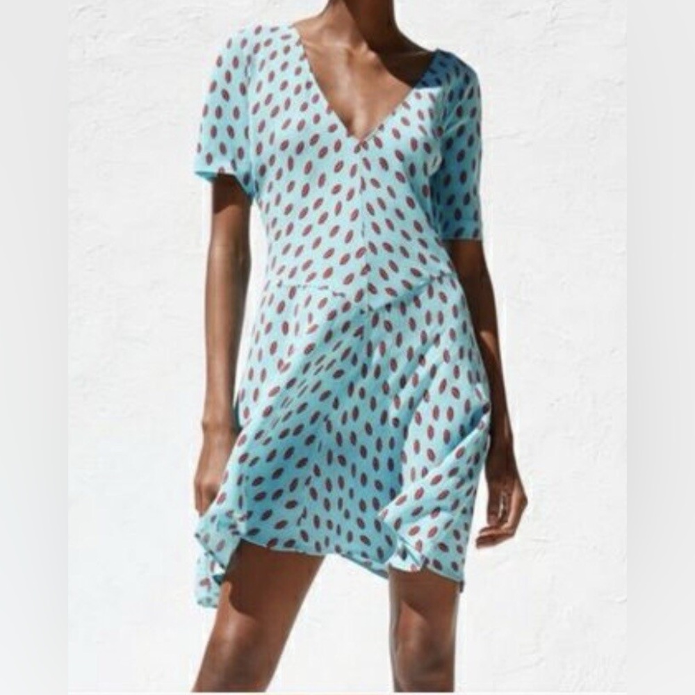 💋 Zara Turquoise Lip Print Mini Dress 👗 Flowy Viscose 💫 Size M - Picture 2 of 6